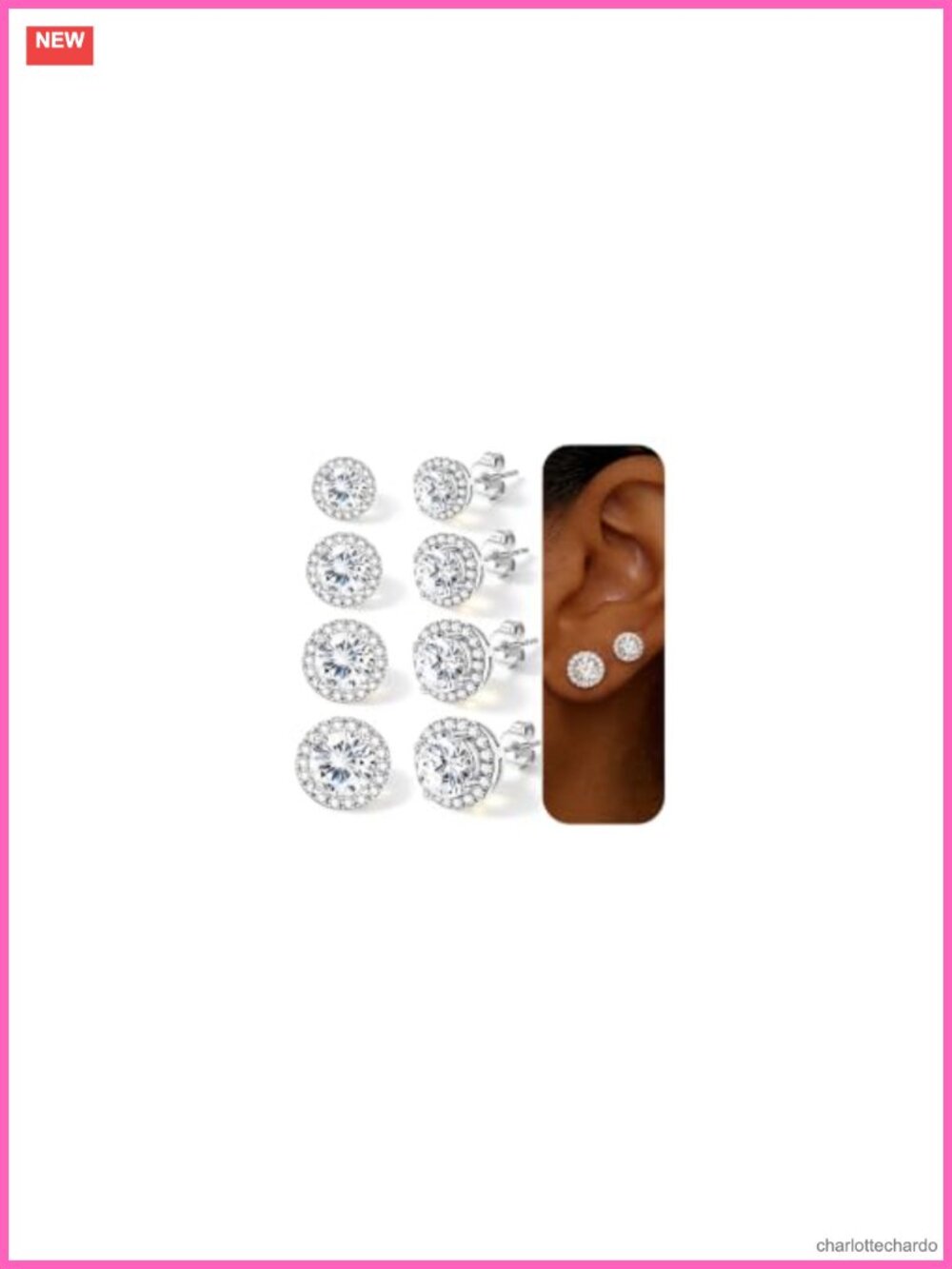 4 Pairs Silver Plated Stud Earrings Hypoallergenic Cubic Zirconia Halo Earrings